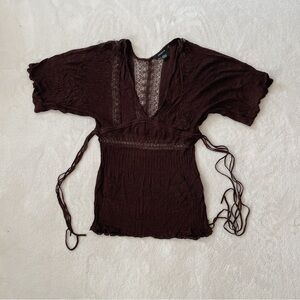 Ardene Dark 100% Silk Brown V-Neck Tie-Waist Knit Tunic Loose threads Size Large